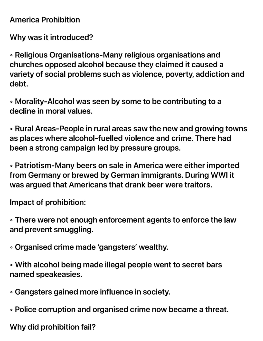 America Prohibition
Why was it introduced?
0
› Religious Organisations-Many religious organisations and
churches opposed alcohol because the