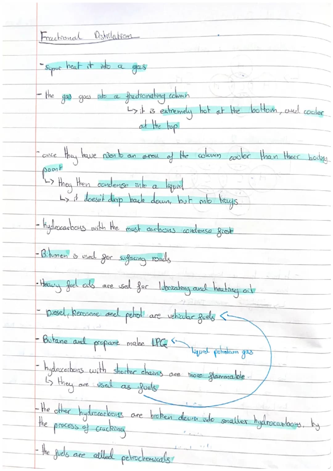 Fractional Distilation
- smallest alkane = methane
H
ax
носон CH₂
H
- alkane with 2
H
H
more
Ly there fore
therefore
-propane
Ly combustible