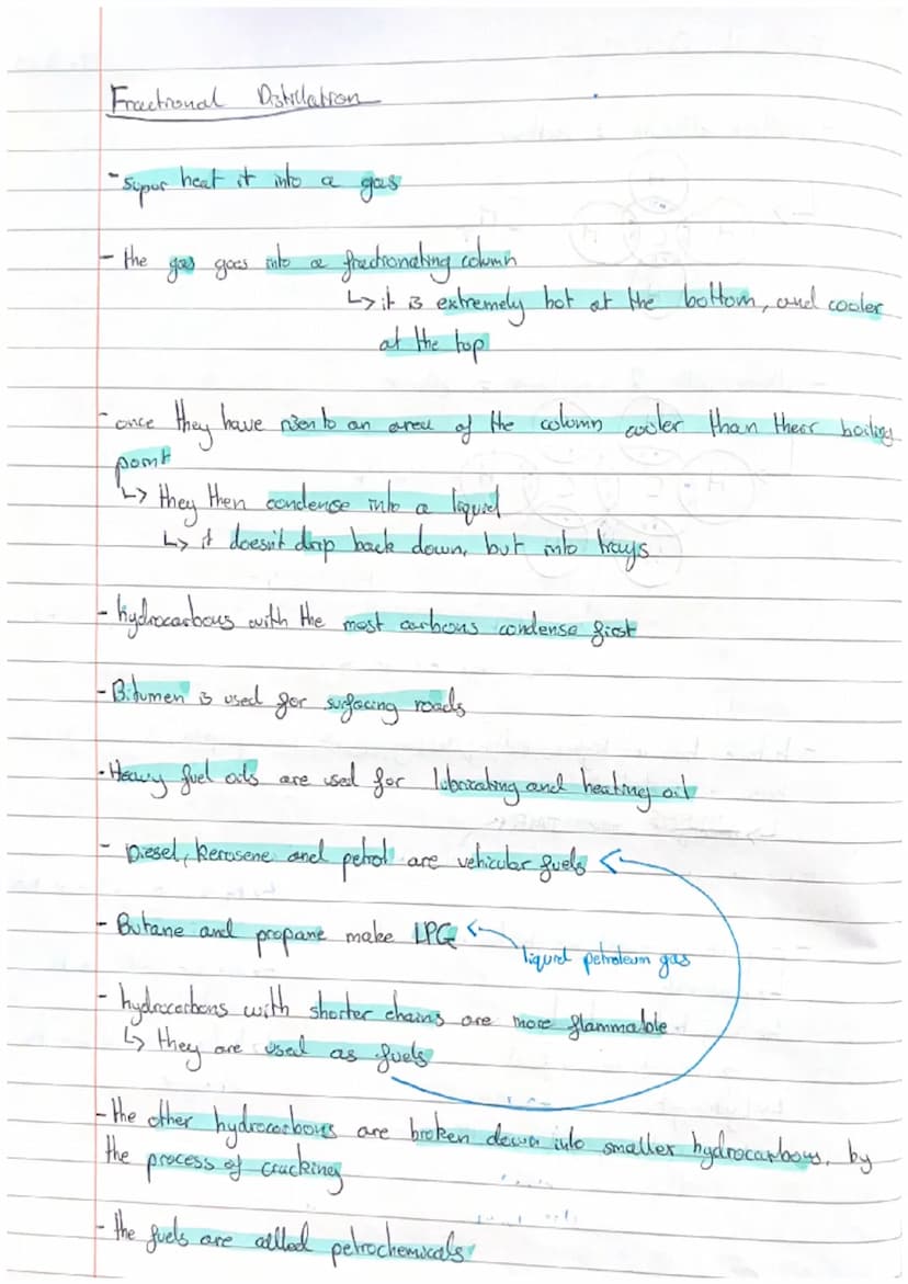 Fractional Distilation
- smallest alkane = methane
H
ax
носон CH₂
H
- alkane with 2
H
H
more
Ly there fore
therefore
-propane
Ly combustible
