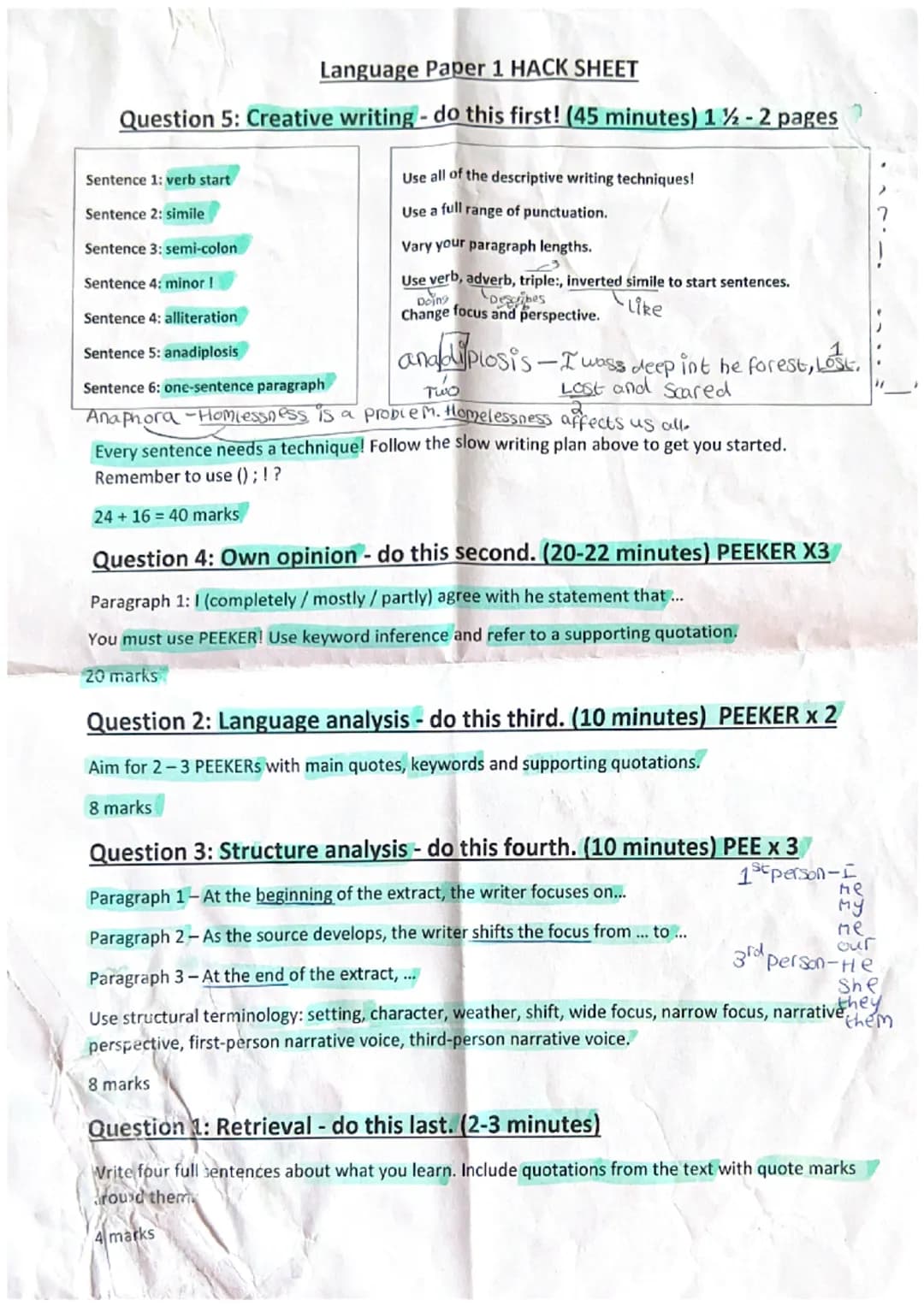 Language Paper 1 HACK SHEET
Question 5: Creative writing - do this first! (45 minutes) 1 ½ - 2 pages
Use all of the descriptive writing tech