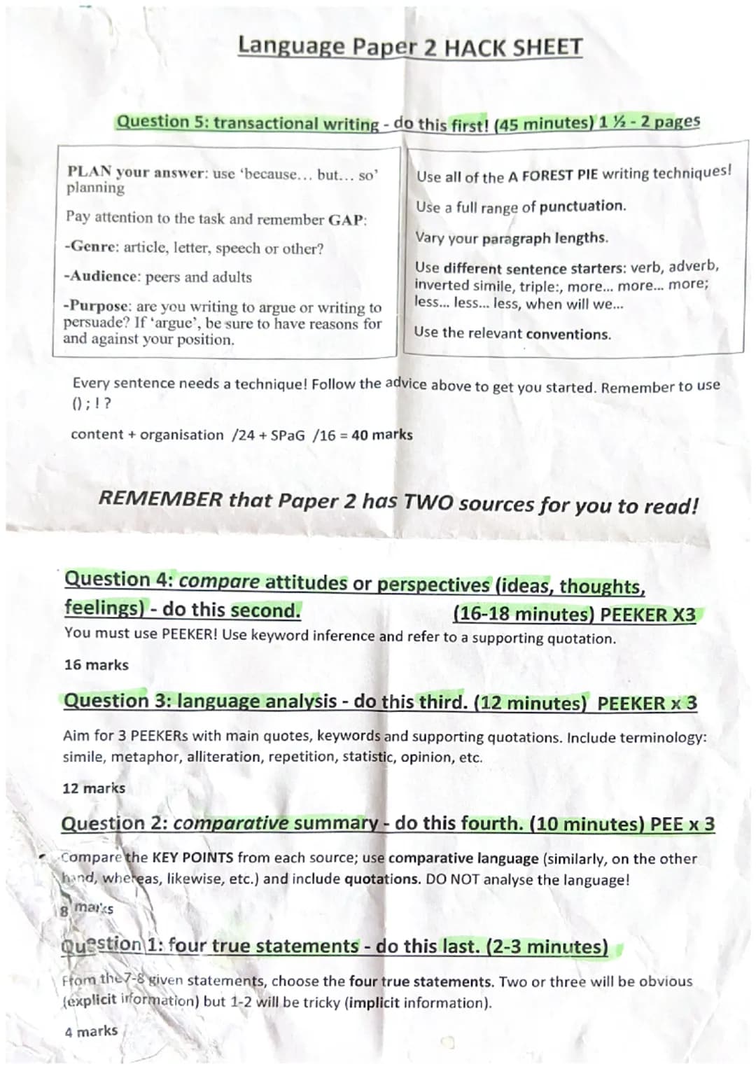 Language Paper 1 HACK SHEET
Question 5: Creative writing - do this first! (45 minutes) 1 ½ - 2 pages
Use all of the descriptive writing tech