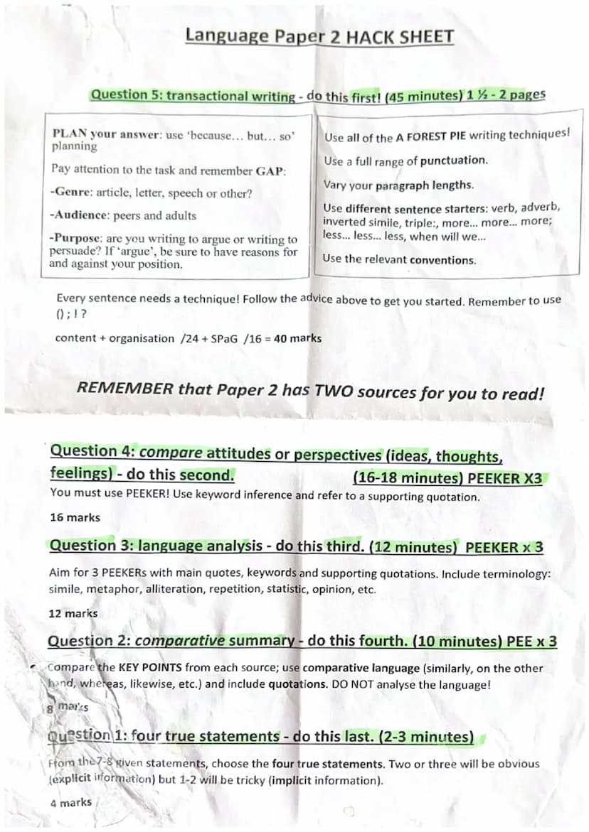 Language Paper 1 HACK SHEET
Question 5: Creative writing - do this first! (45 minutes) 1 ½ - 2 pages
Use all of the descriptive writing tech