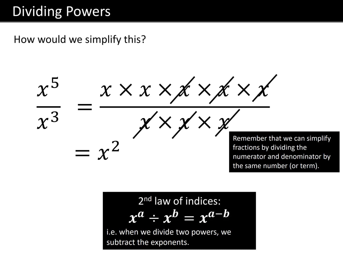 GCSE MATHS
LAWS OF INDICES Terminology
"exponent" or
"index"
(plural "indices”)
34 = 3 × 3 × 3 × 3
"power"
"Base"
The exponent tells us how 