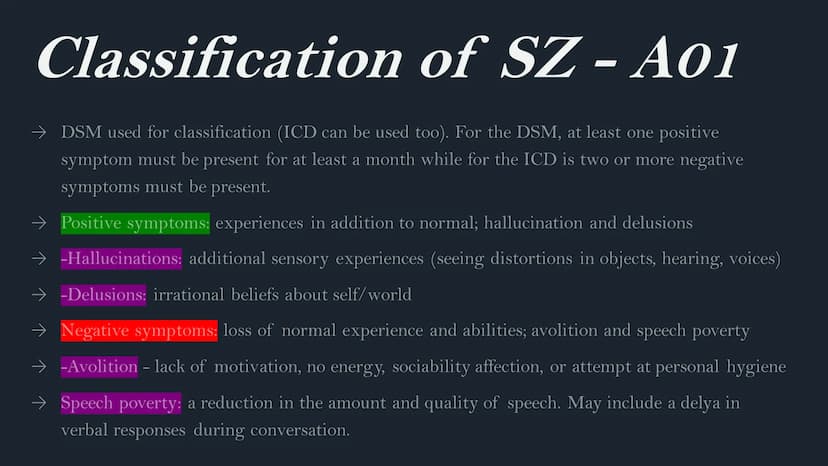 Schizophrenia
AQA A Level
Psychology Classification of SZ - A01
→ DSM used for classification (ICD can be used too). For the DSM, at least o