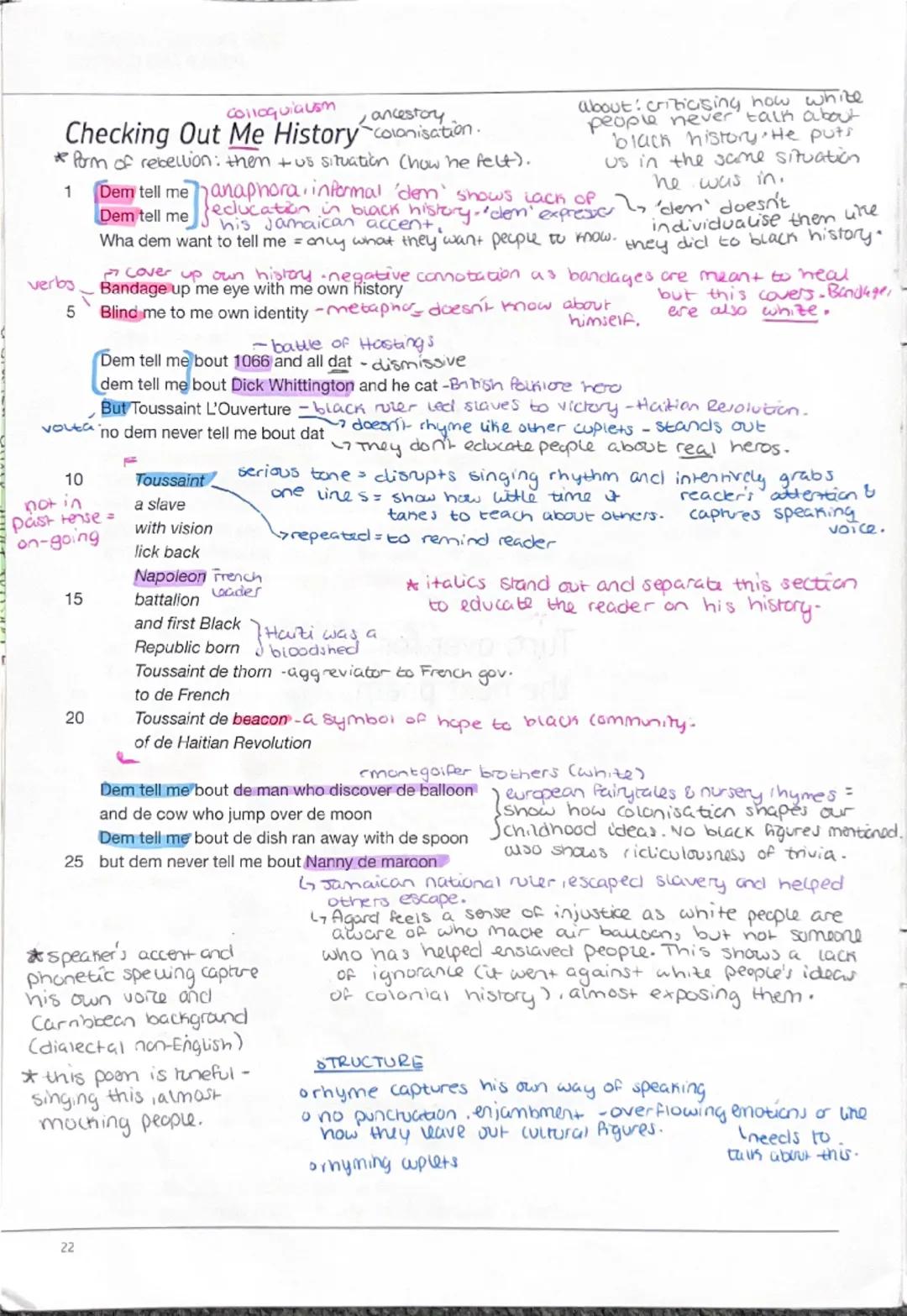 GCSE English Lit 'Checking Out Me History' annotations