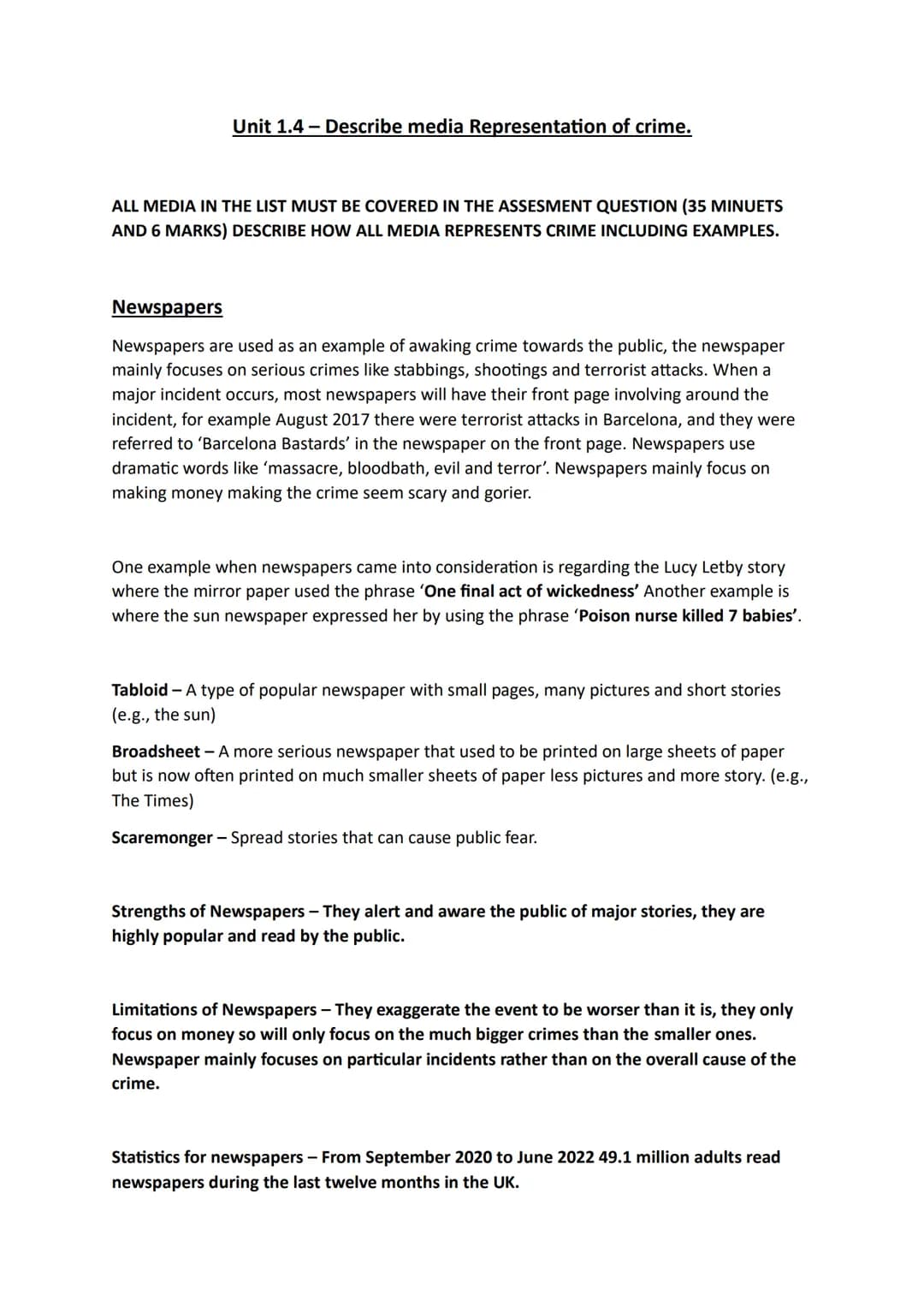 Unit 1.4 - Describe media Representation of crime.
ALL MEDIA IN THE LIST MUST BE COVERED IN THE ASSESMENT QUESTION (35 MINUETS
AND 6 MARKS) 