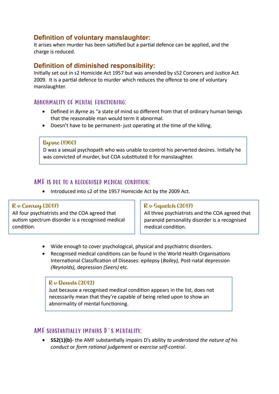 Voluntary
Manslaughter
Diminished
Responsibility Definition of voluntary manslaughter:
It arises when murder has been satisfied but a partia