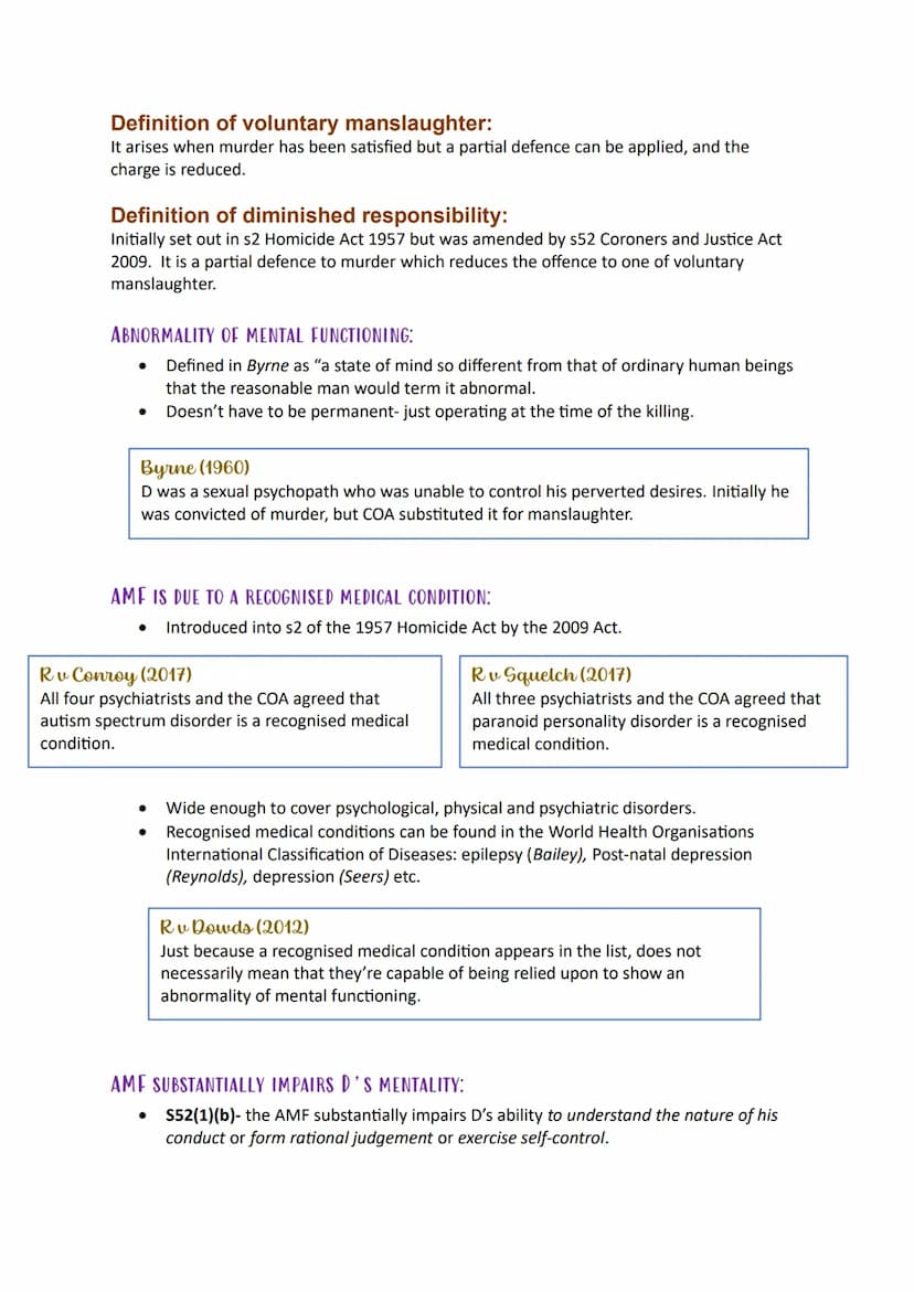 Voluntary
Manslaughter
Diminished
Responsibility Definition of voluntary manslaughter:
It arises when murder has been satisfied but a partia