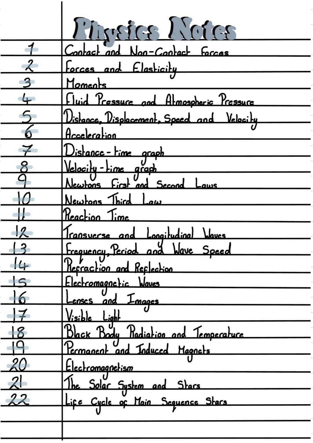 1
2
3
4
5
6
Z
8
q
10
11
12
13
14
عل
- 16
17
18
19
20
21
22
Physics Notes
Contact and Non-Contact Forces
Forces and Elasticity
Moments
Fluid 