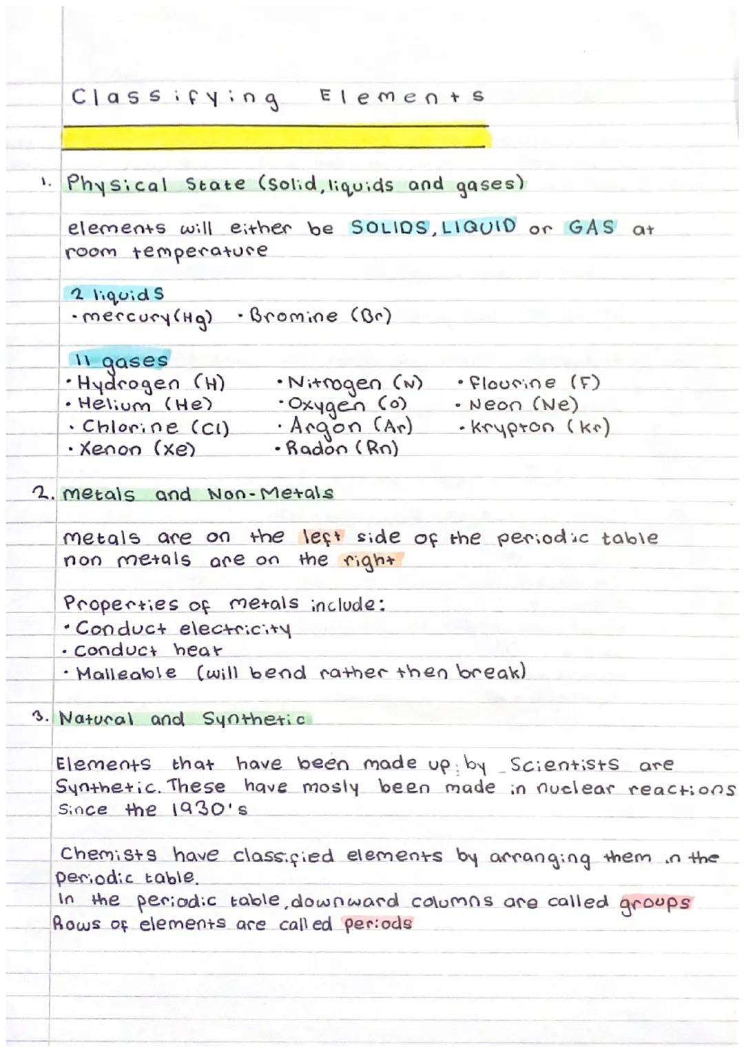 Classifying. Elements
1. Physical State (Solid, liquids and gases)
elements will either be SOLIDS, LIQUID or GAS at
room temperature
2 liqui