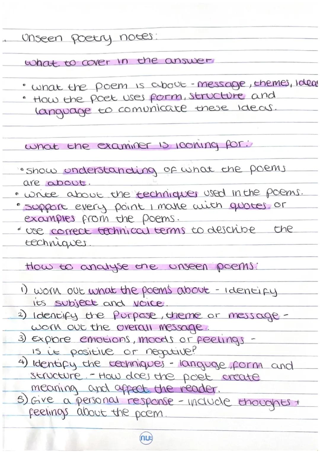 Unseen poetry notes:

what to cover in the answer

*   what the poem is about message, themes, Ideas
*   How the poet uses form, structure a