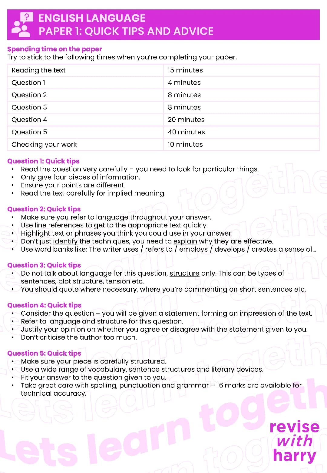English Language Paper 1 - Quick tips
