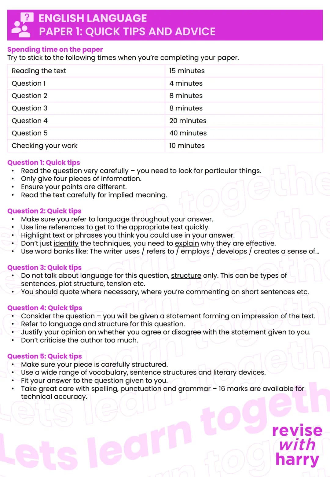 Spending time on the paper
Try to stick to the following times when you're completing your paper.
Reading the text
15 minutes
Question 1
4 m
