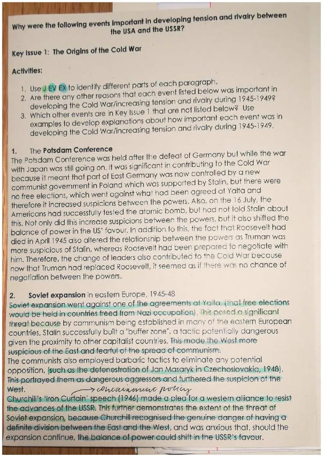 History: Conflict & Tension - Origins of the Cold War - SUMMARY PARAGRAPHS