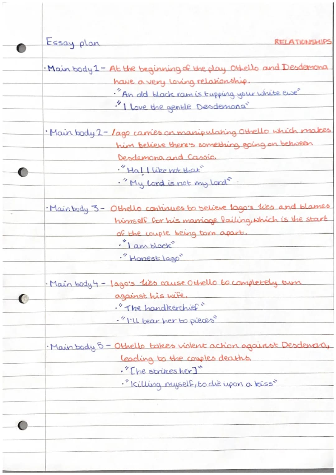 C
Essay plan
· Main body 1 - At the beginning of the play Othello and Desdemona
have a very loving relationship.
An old black ram is tupping