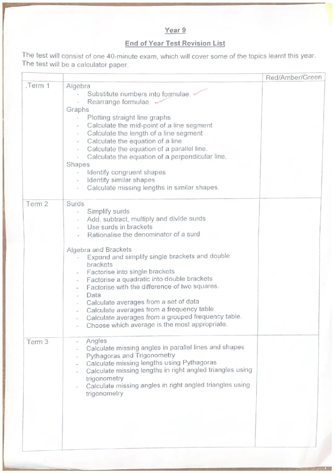 year 9 end of year revision list 