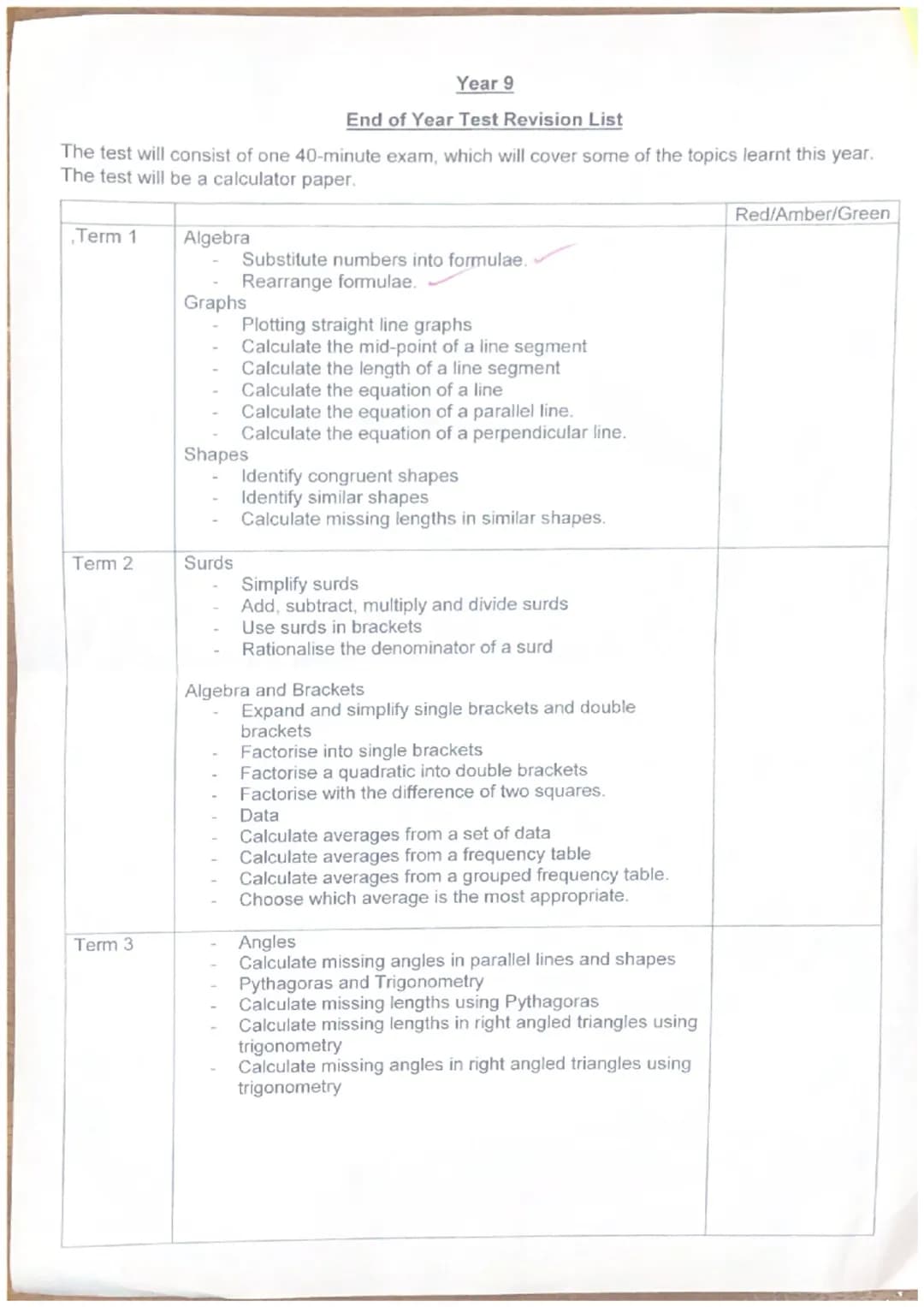 Year 9
End of Year Test Revision List
The test will consist of one 40-minute exam, which will cover some of the topics learnt this year.
The