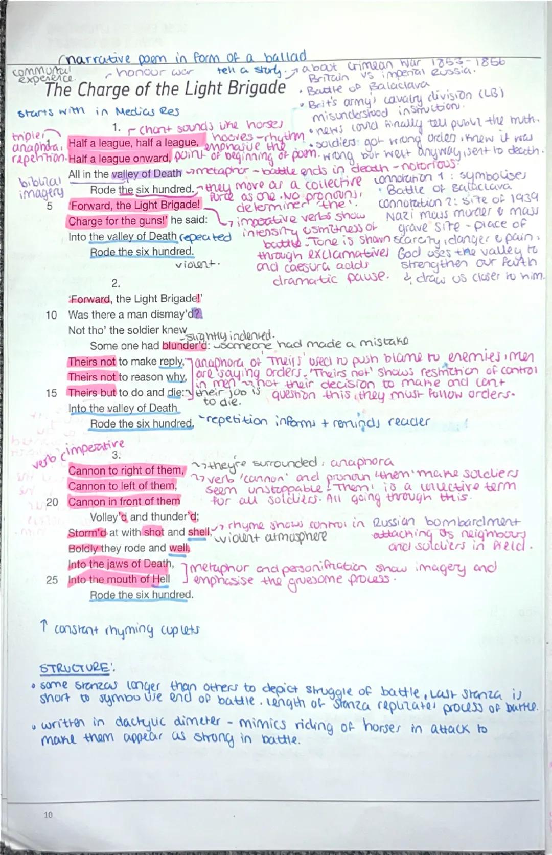 GCSE English Lit 'Charge of The Light Brigade' annotations