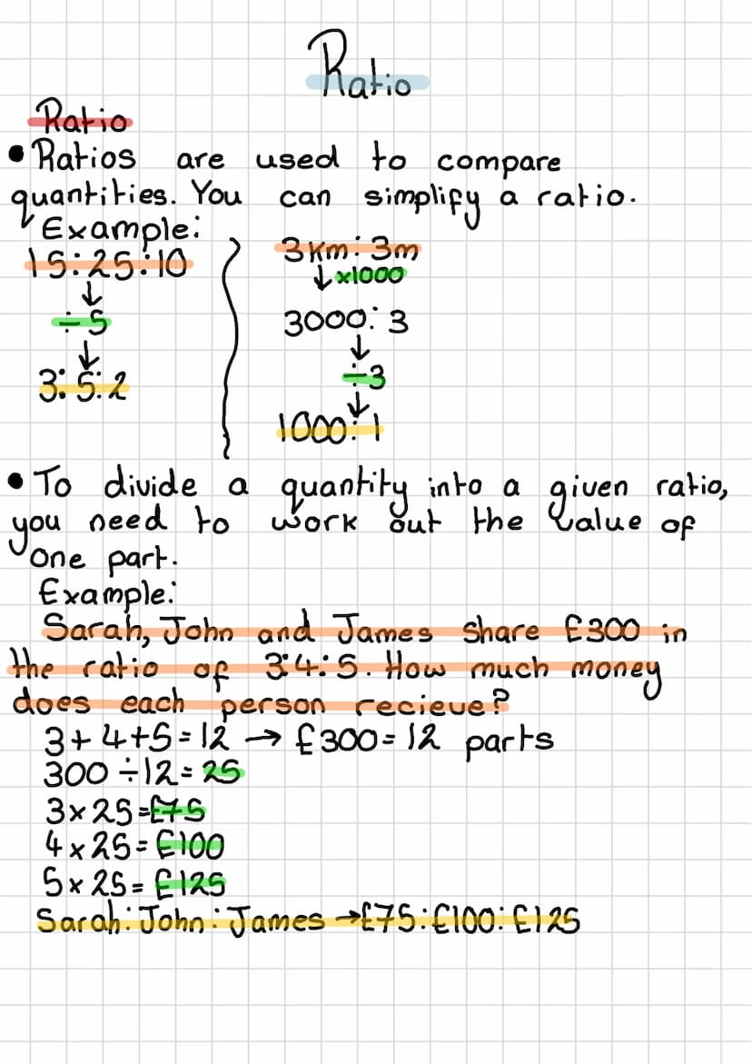 
<p>Ratio</p>
<p>Ratios are used to compare quantities. You can simplify a ratio, for example:<br />
3km: 3m = (3 x 1000) : 3 = 3000 : 3.</p
