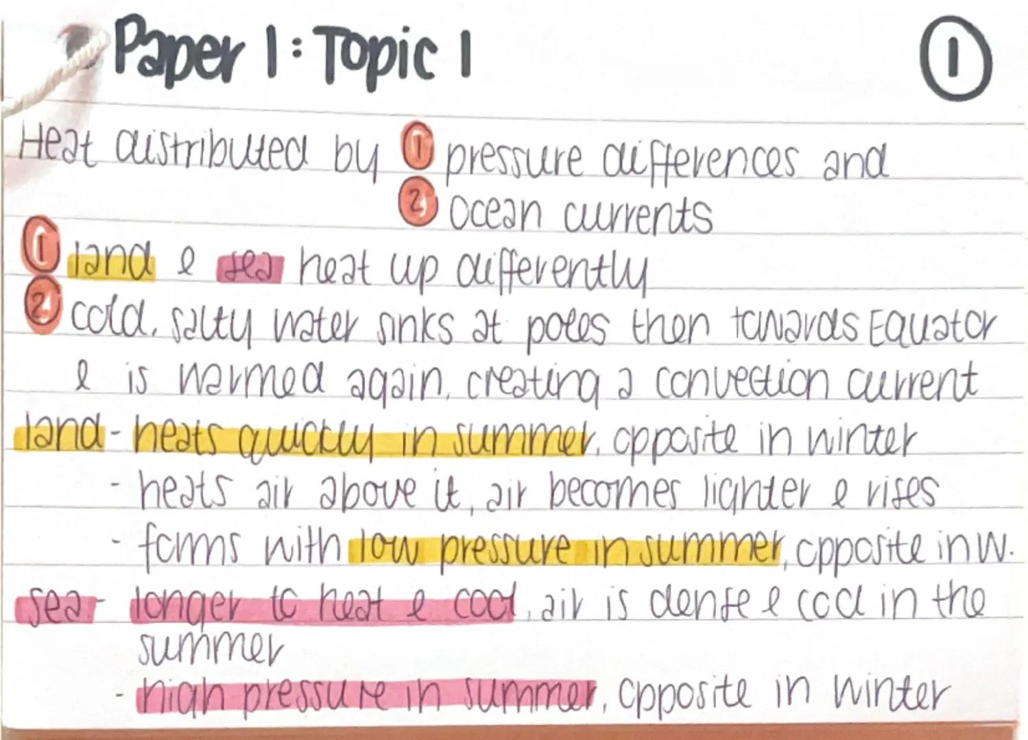 # Paper 1: Topic 1
Heat distributed by ① pressure differences and
② Ocean currents
① land & sea heat up differently
② cold, salty water sink