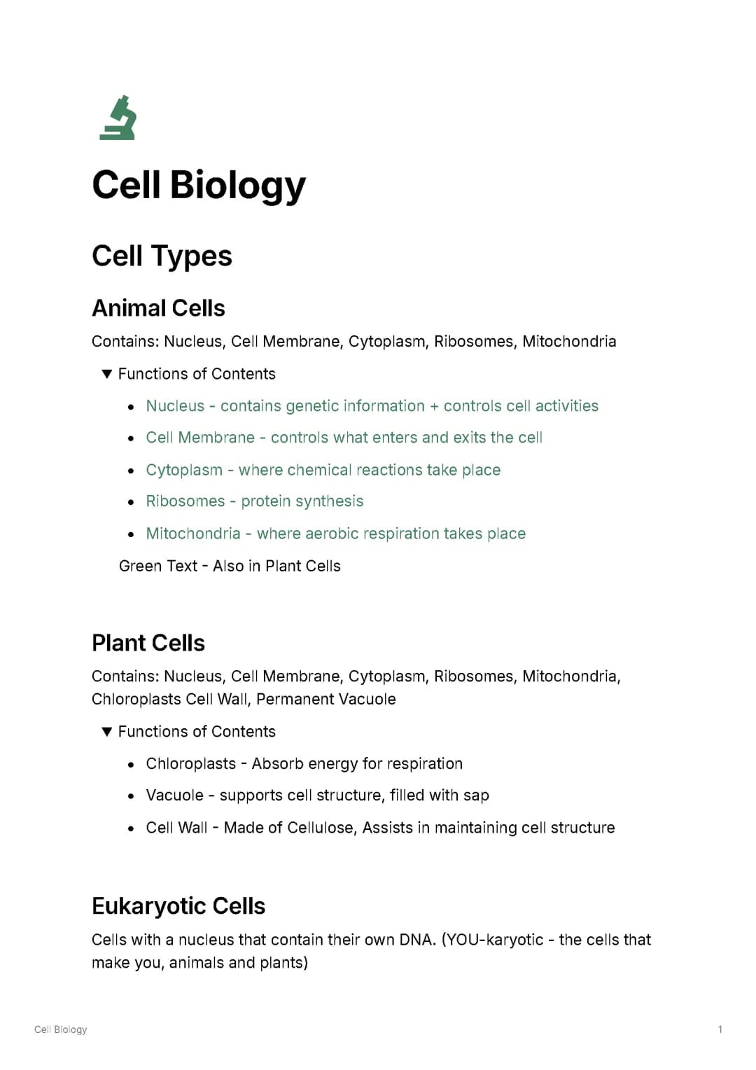 Cell Biology - Notes on Full Topic
