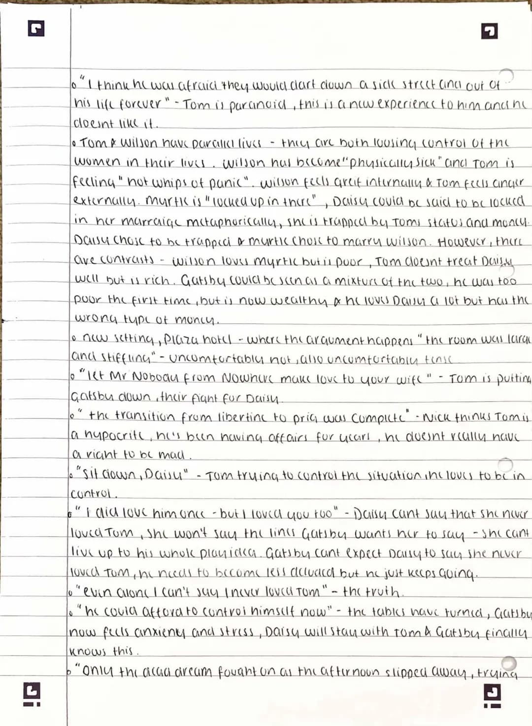 G
!G
Gatsby - Chapter 7
6 key scene, Plaza hotel, Myrtles death, death of Gatsbys circum.
o "the next day was broilling" - pathetic fallay, 