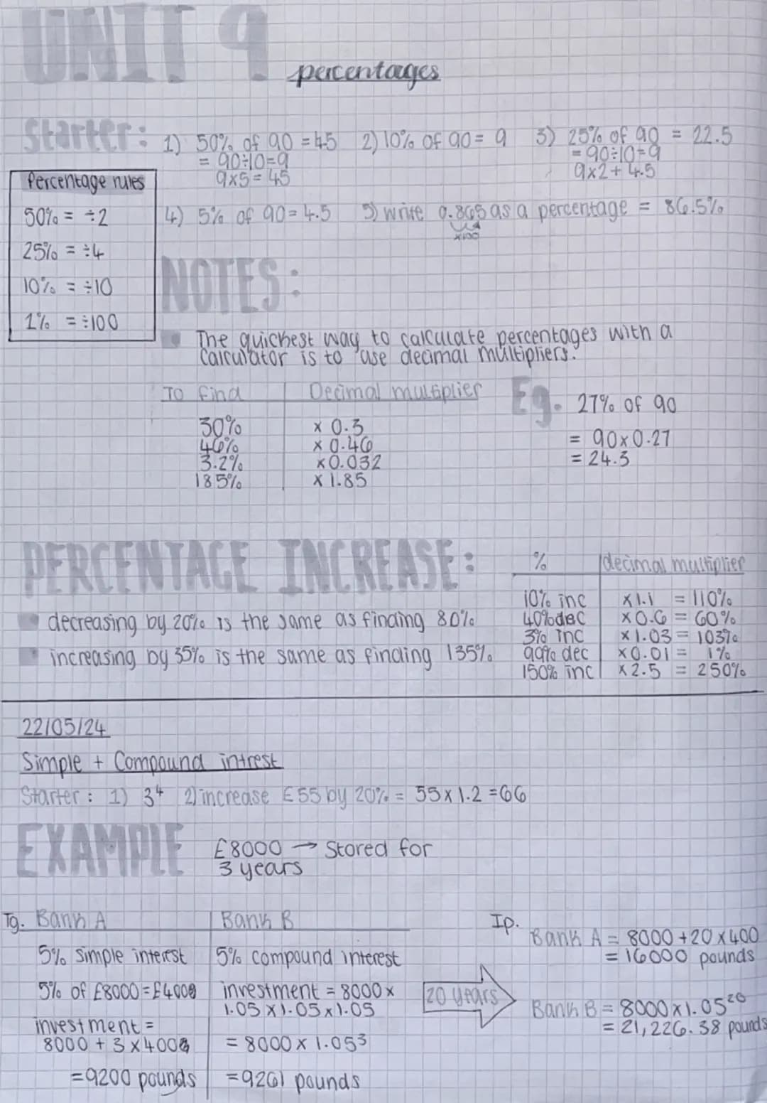 UNIT 4
percentages
Starter: 1) 50% of 90 = 452) 10% of 90 = 9 3) 25% of 90 = 22.5
Percentage rules
50% = ÷2
25%==4
10% = ÷10
1% = =100
11
90