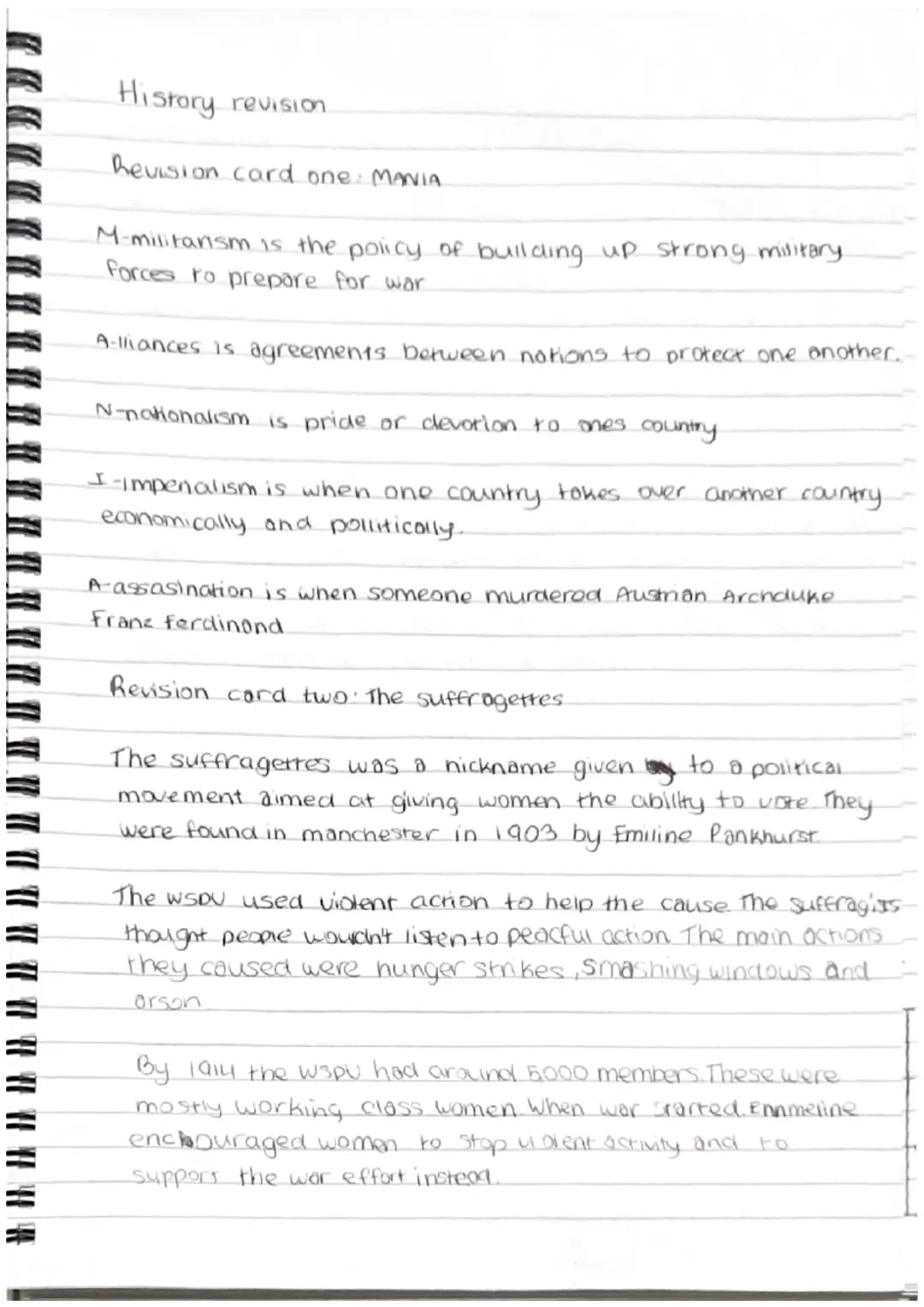 U ⠀ ⠀ ⠀ ⠀
History
Revision card one: MANIA.
M-militarism is the policy of building up strong military.
forces to prepare for war
revision
A-