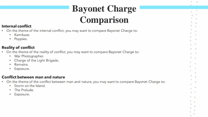 Bayonet Charge
Poetry GCSES Bayonet Charge
Bayonet Charge describes the thoughts and actions of a WW1 soldier as he charges towards the
enem