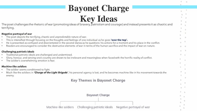 Bayonet Charge
Poetry GCSES Bayonet Charge
Bayonet Charge describes the thoughts and actions of a WW1 soldier as he charges towards the
enem