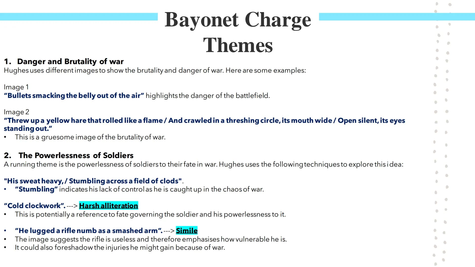 Bayonet Charge
Poetry GCSES Bayonet Charge
Bayonet Charge describes the thoughts and actions of a WW1 soldier as he charges towards the
enem