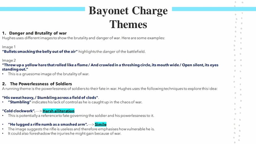 Bayonet Charge
Poetry GCSES Bayonet Charge
Bayonet Charge describes the thoughts and actions of a WW1 soldier as he charges towards the
enem