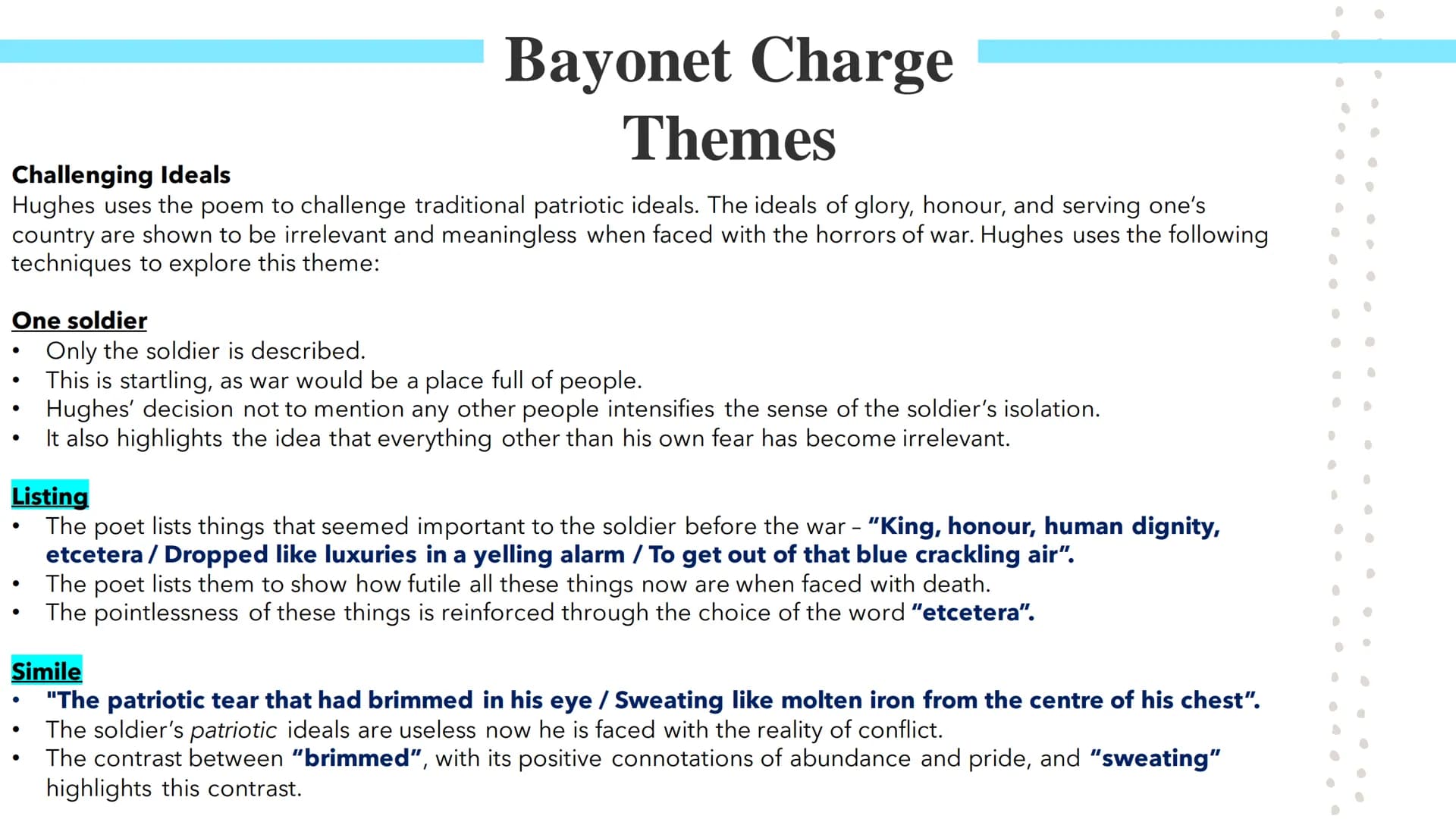 Bayonet Charge
Poetry GCSES Bayonet Charge
Bayonet Charge describes the thoughts and actions of a WW1 soldier as he charges towards the
enem