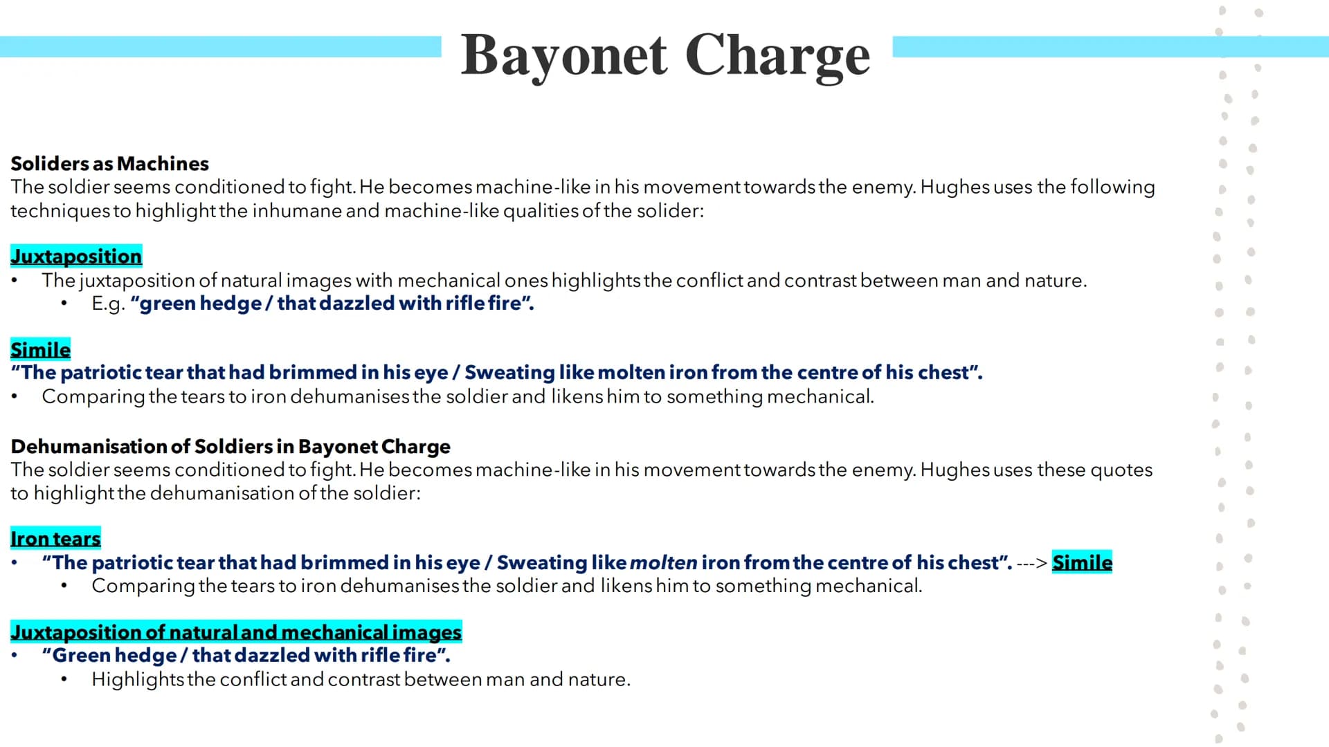 Bayonet Charge
Poetry GCSES Bayonet Charge
Bayonet Charge describes the thoughts and actions of a WW1 soldier as he charges towards the
enem