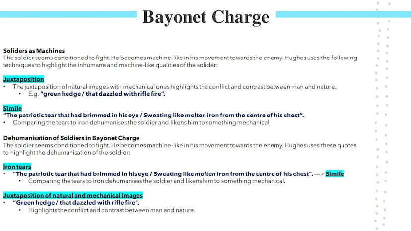 Bayonet Charge
Poetry GCSES Bayonet Charge
Bayonet Charge describes the thoughts and actions of a WW1 soldier as he charges towards the
enem