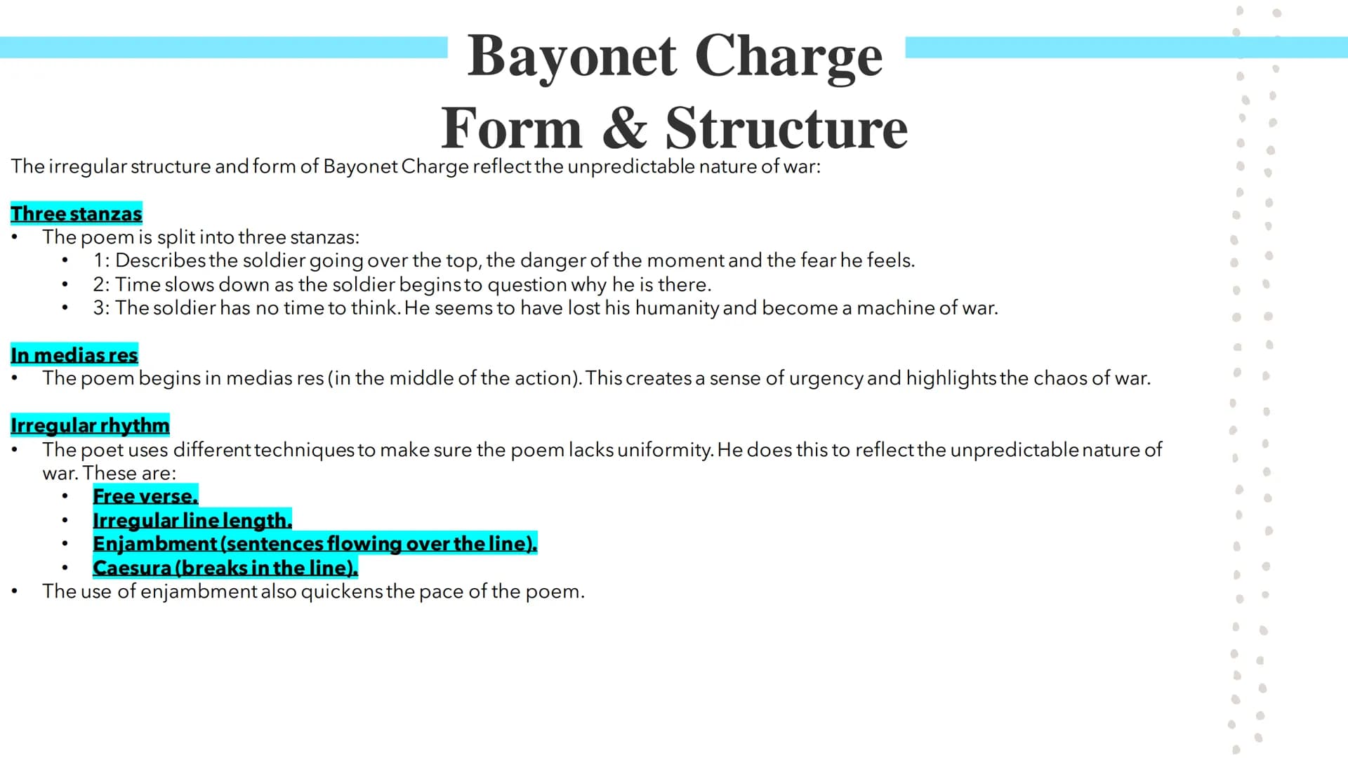 Bayonet Charge
Poetry GCSES Bayonet Charge
Bayonet Charge describes the thoughts and actions of a WW1 soldier as he charges towards the
enem