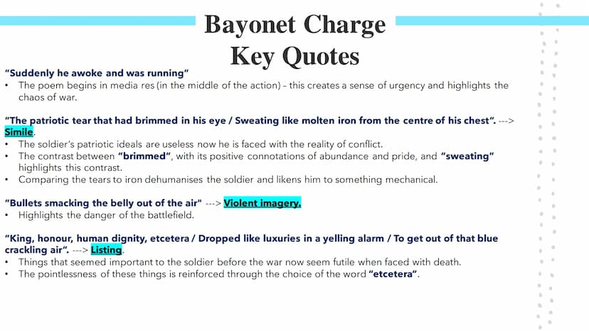 Bayonet Charge
Poetry GCSES Bayonet Charge
Bayonet Charge describes the thoughts and actions of a WW1 soldier as he charges towards the
enem