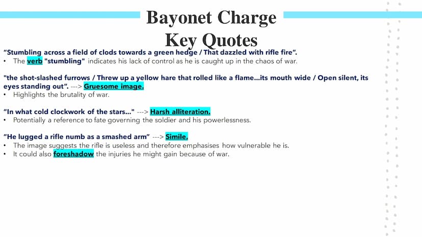 Bayonet Charge
Poetry GCSES Bayonet Charge
Bayonet Charge describes the thoughts and actions of a WW1 soldier as he charges towards the
enem