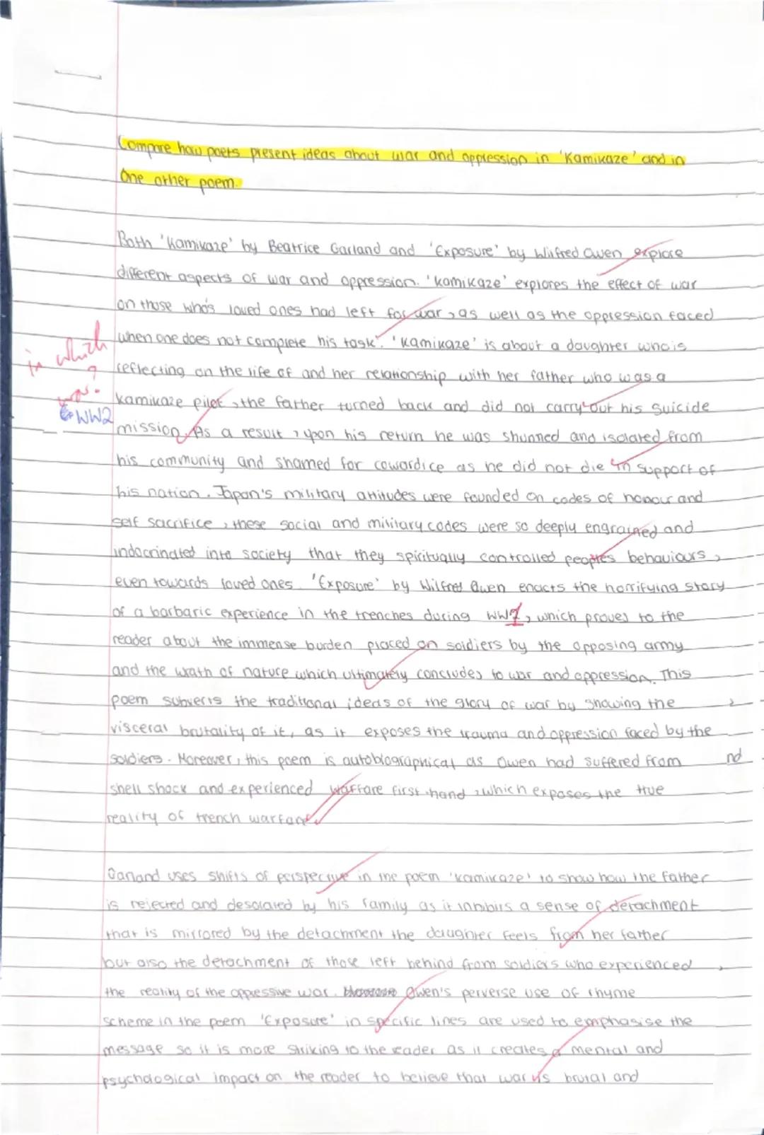 Compare how poets present ideas about war and oppression in 'Kamikaze' and in
One other poem

Bath 'Kamikaze' by Beatrice Garland and 'Expos