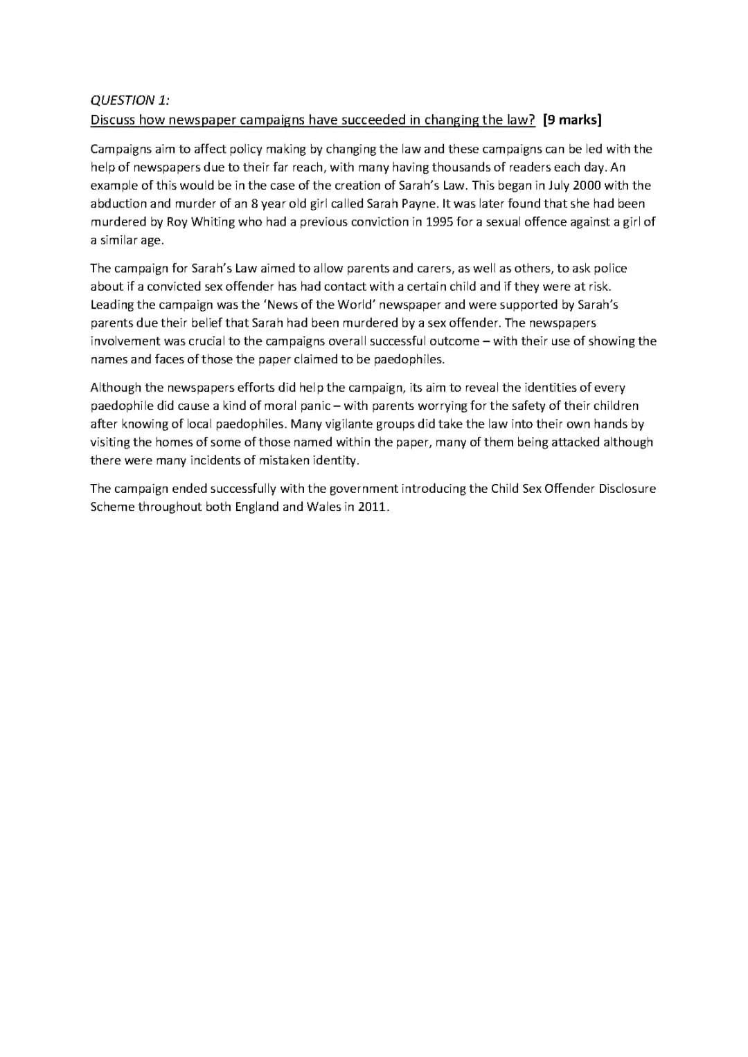 changing laws via newspaper campaigns, individual campaigns and pressure group campaigns - model exam answers
