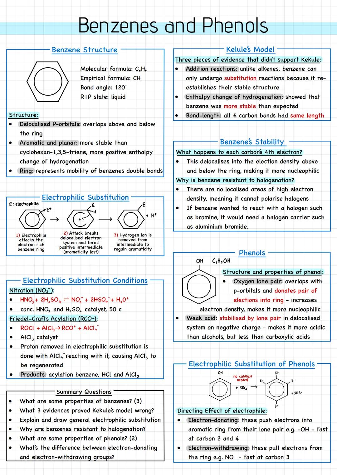 Structure:
●
E-electrophile
O
●
● Aromatic and planar: more stable than
cyclohexan-1,3,5-triene, more positive enthalpy
change of hydrogenat