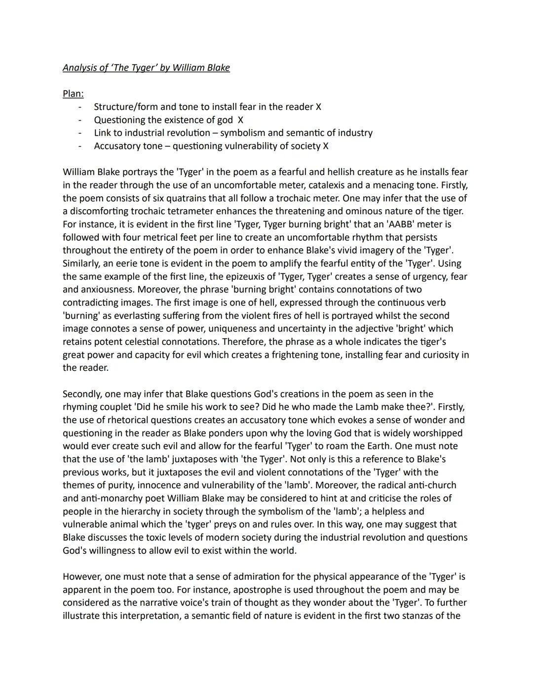 analysis essay on ‘the tyger’ literature GCSE detailed poem essay