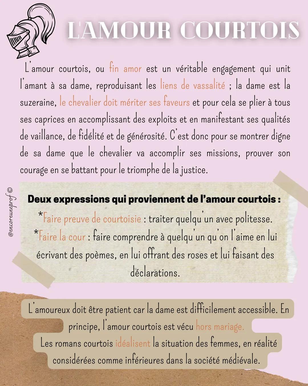 # LAMOUR COURTOIS

L'amour courtois, ou fin amor est un véritable engagement qui unit
l'amant à sa dame, reproduisant les liens de vassalité