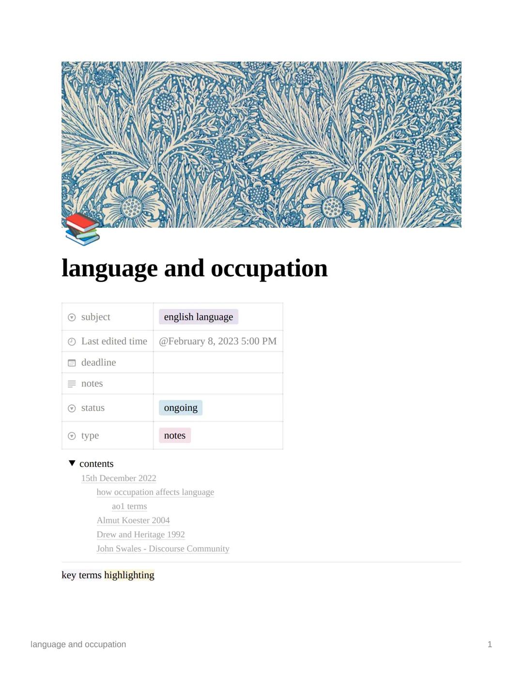 language and occupation
Ⓒsubject
english language
Last edited time @February 8, 2023 5:00 PM
deadline
= notes
status
Ⓒ type
contents
15th De