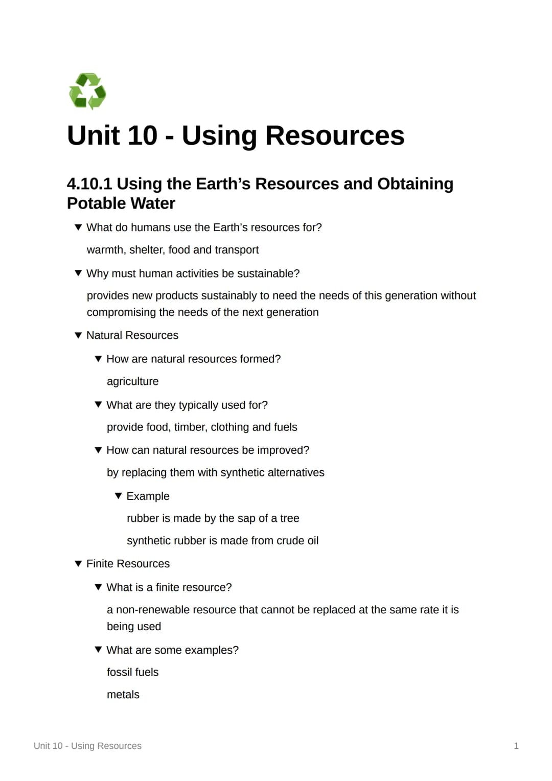 Unit 10 - Using Resources
4.10.1 Using the Earth's Resources and Obtaining
Potable Water
▼ What do humans use the Earth's resources for?
war