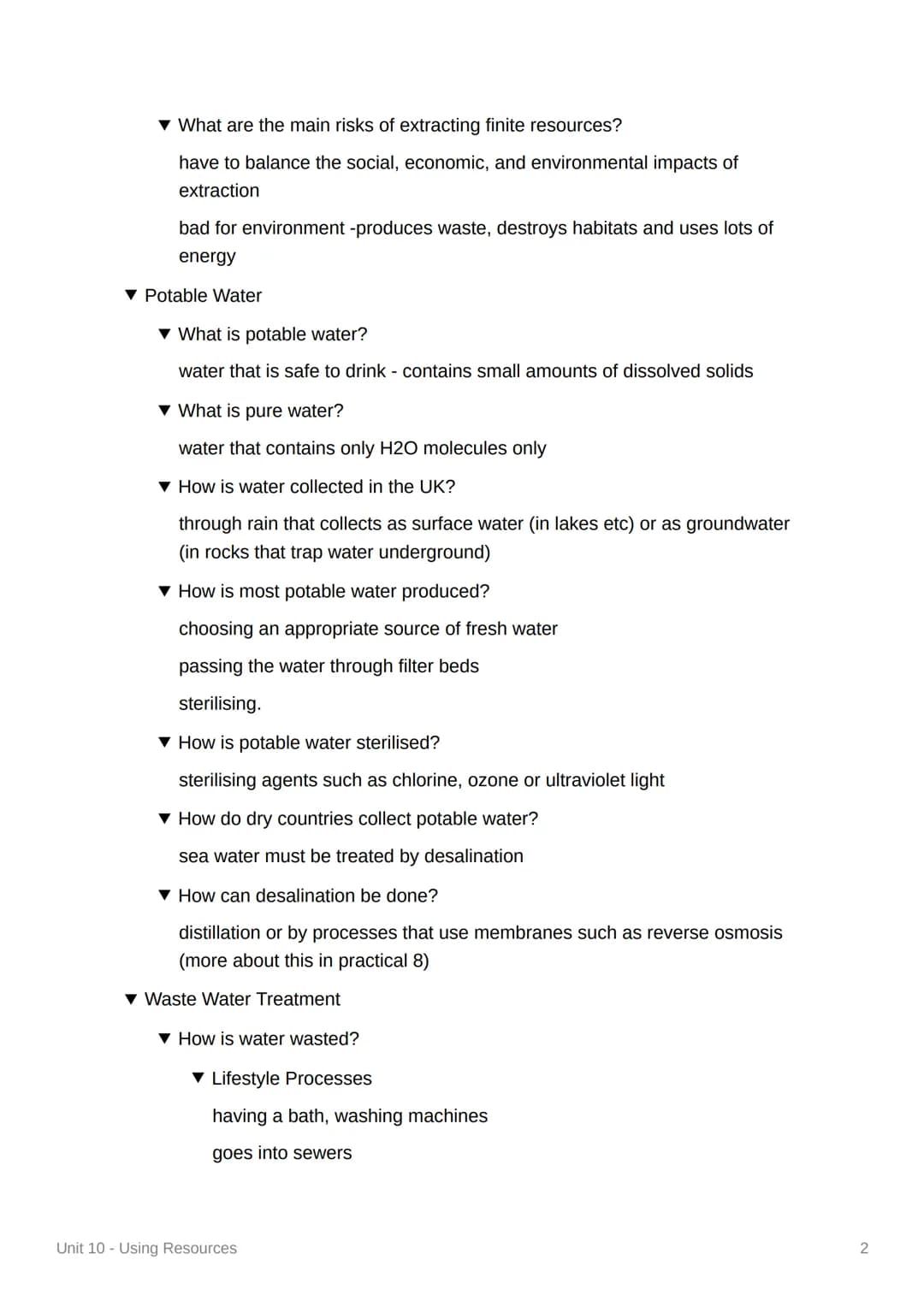 Unit 10 - Using Resources
4.10.1 Using the Earth's Resources and Obtaining
Potable Water
▼ What do humans use the Earth's resources for?
war
