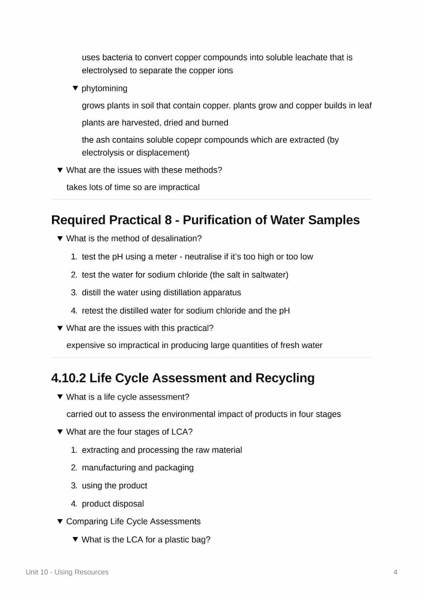 Unit 10 - Using Resources
4.10.1 Using the Earth's Resources and Obtaining
Potable Water
▼ What do humans use the Earth's resources for?
war