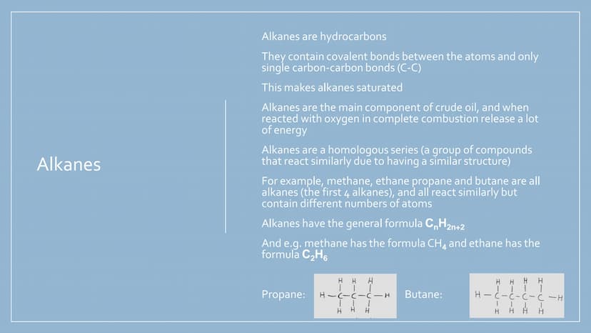 ORGANIC
CHEMISTRY
Hydrocarbons, alkanes,
alkenes, alcohols,
carboxylic acids and
esters Hydrocarbons
Compounds made up of only hydrogen and 