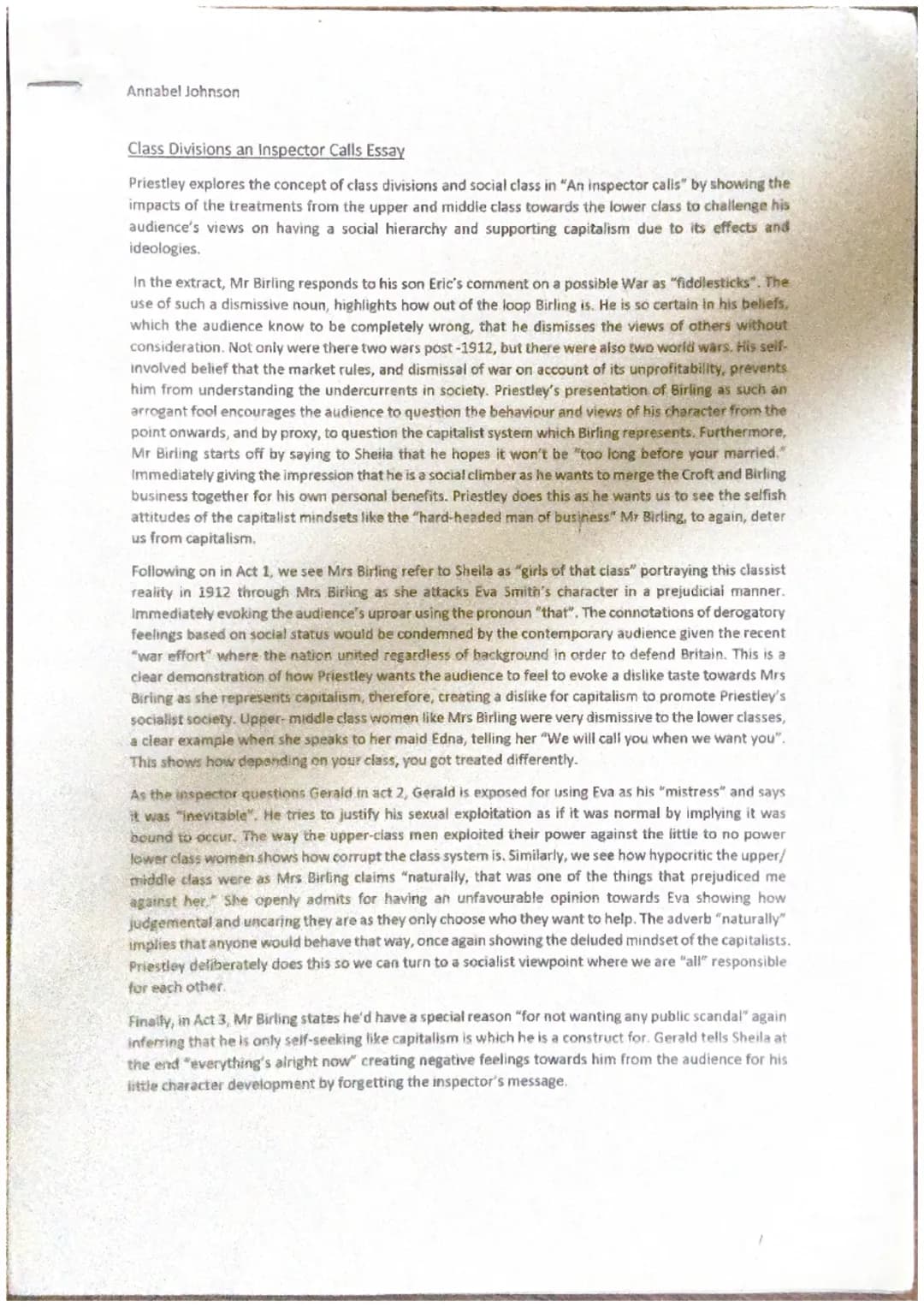 Annabel Johnson
Class Divisions an Inspector Calls Essay
Priestley explores the concept of class divisions and social class in "An inspector