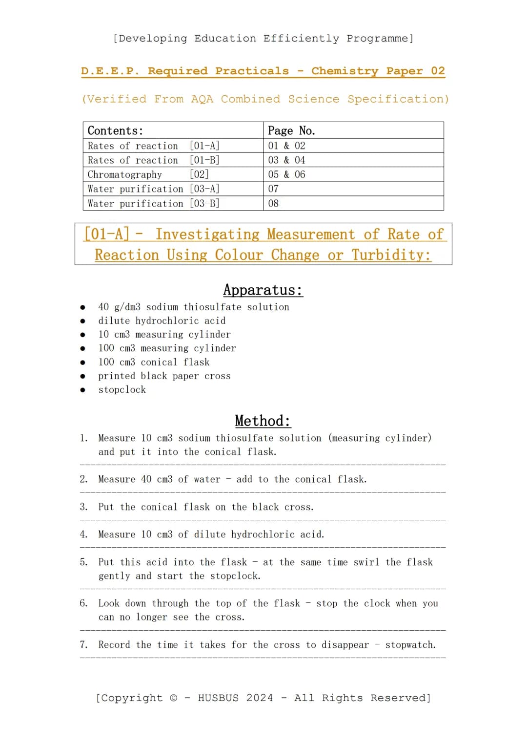 [Developing Education Efficiently Programme]
D.E.E. P. Required Practicals - Chemistry Paper 02
(Verified From AQA Combined Science Specific